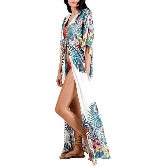KIMONOS for Women Long Bikini Swimwear Beach Swimsuit Cover Up Floral&leaf - Picture 2 of 5